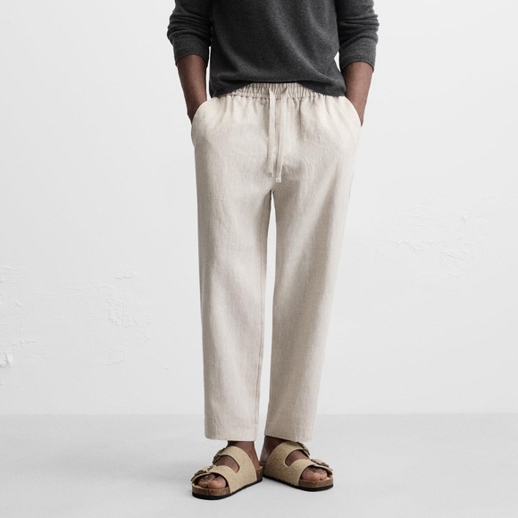 ZARA 100% Linen Pants Mens Light Beige Size Large Relaxed Fit NWT - Picture 1 of 8